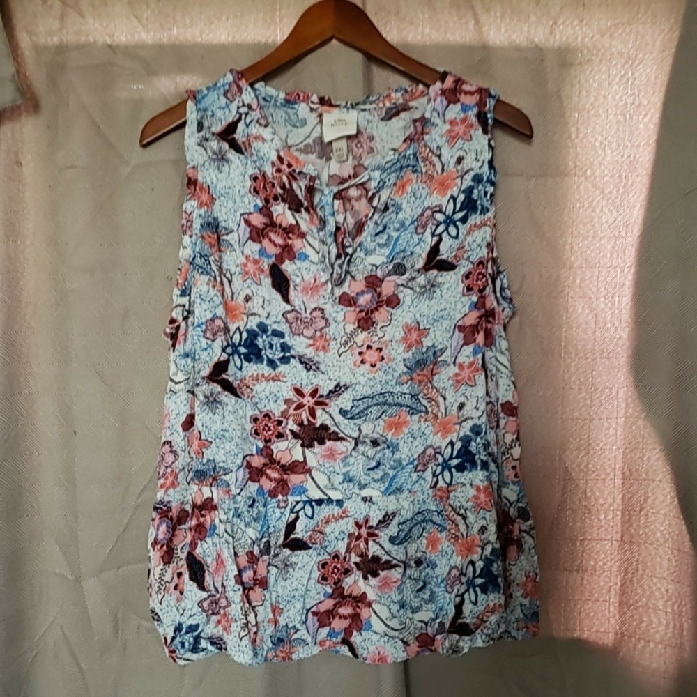 Knox Rose Blouse Womens 2XL Blue Floral V Neck Sleeveless Rayon Top Boho